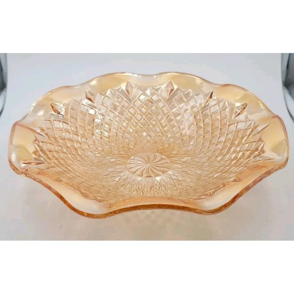 Vintage 1940s Indiana Glass Orange Carnival Glass Ruffled Diamond Point Bowl 11